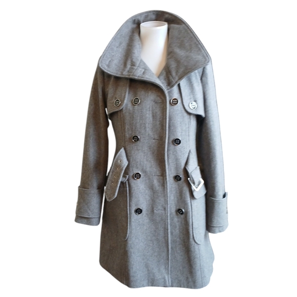 Green with Envy Gray Double Breasted Pea Coat Women's Belted Wool Jacket Small - Picture 10 of 11